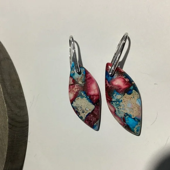 💙 Sterling Silver French Hook Natural Jasper Stone Curvy Boho Drop Earrings